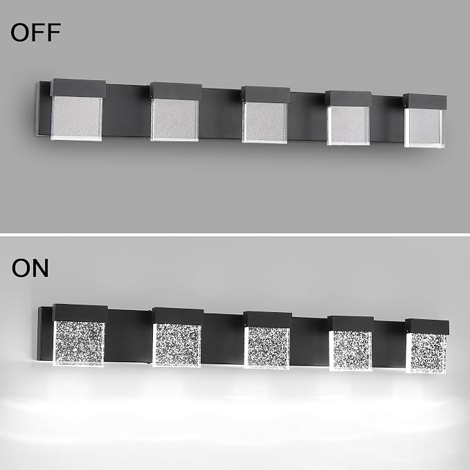 Crystal Black Light Fixtures, 5 Light Vanity Lights, LED Over Mirror, Modern Bathroom Vanity Light 6000K, 39 Inch