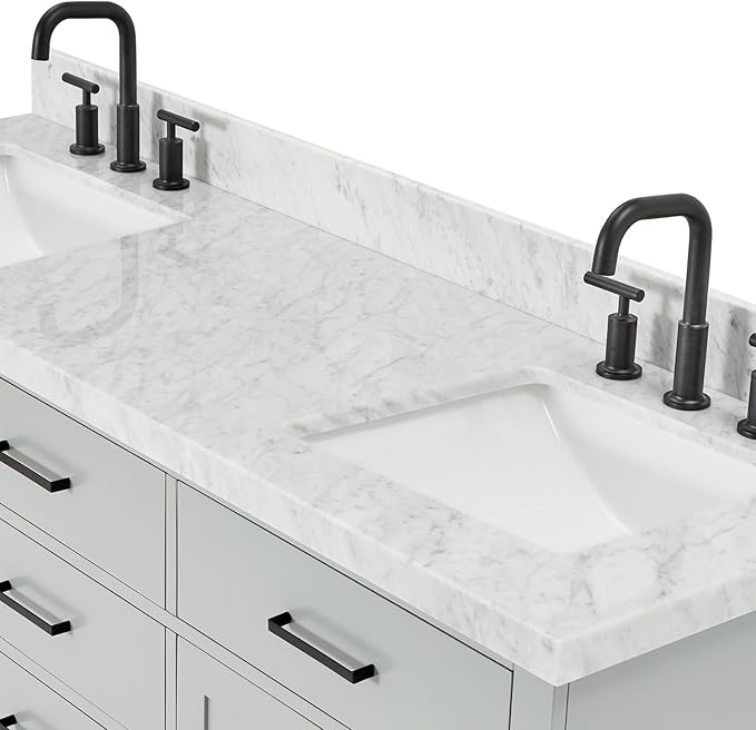 ARIEL Hepburn 66-inch Bathroom Vanity with Sink,Solid Wood, 1.5-inch Italian Carrara Marble Countertop, Double Rectangular Porcelain Sink, 4 Soft Closing Doors, 6 Dovetail Drawers, Grey