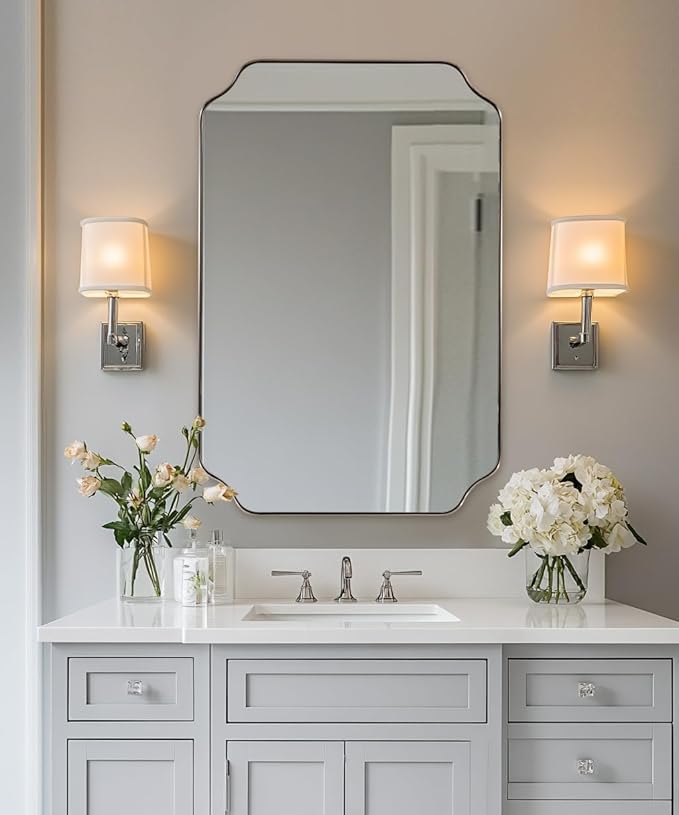 Scalloped Bathroom Mirror, 24x36 Inch Brushed Nickel Rectangle Mirror, Silver Bathroom Vanity Mirror, Silver Framed Mirror in Anti-Rust Stainless Steel Metal, Thin Frame Deep 1’’