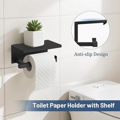TURS 5-Pieces Matte Black Bathroom Hardware Accessories Set 23.6" Towel Bar Set Wall Mounted Square Toilet Paper Holder with Shelf Stainless Steel