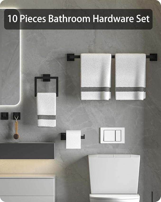10-Piece Matte Black Bathroom Hardware Set, 16" Towel Bar Set, Modern Square Bathroom Accessories Kit with 2 Toilet Paper Holders, 2 Towel Rings, 4 Robe Hooks Bathroom Accessories