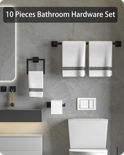 10-Piece Matte Black Bathroom Hardware Set, 16" Towel Bar Set, Modern Square Bathroom Accessories Kit with 2 Toilet Paper Holders, 2 Towel Rings, 4 Robe Hooks Bathroom Accessories