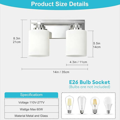 Modern Bathroom Lighting Fixtures Over Mirror, Vanity Lights for Bathroom, Wall Sconces with Milky White Glass Shades, E26 Ceramic Socket, 2-Light 14-inch Chrome