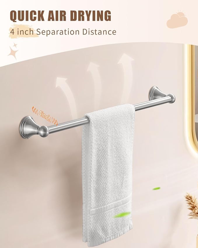 Sagetta Nickel Bathroom Hardware Set, 5-Piece Bath Accessories Set Wall Mount Includes 20 in Towel Bar, 16 in Towel Bar, Towel Ring, TP Holder, Towel Hook Brushed Nickel