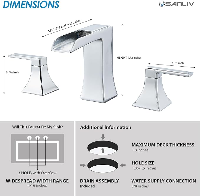 Chrome Waterfall Bathroom Faucet, Sanliv 2-Handle Widespread Bathroom Faucet for 3-Hole Sinks 4-8 inch, Modern 3 Piece Vanity Faucet with Pop-Up Drain Chrome
