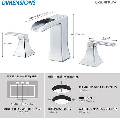 Chrome Waterfall Bathroom Faucet, Sanliv 2-Handle Widespread Bathroom Faucet for 3-Hole Sinks 4-8 inch, Modern 3 Piece Vanity Faucet with Pop-Up Drain Chrome