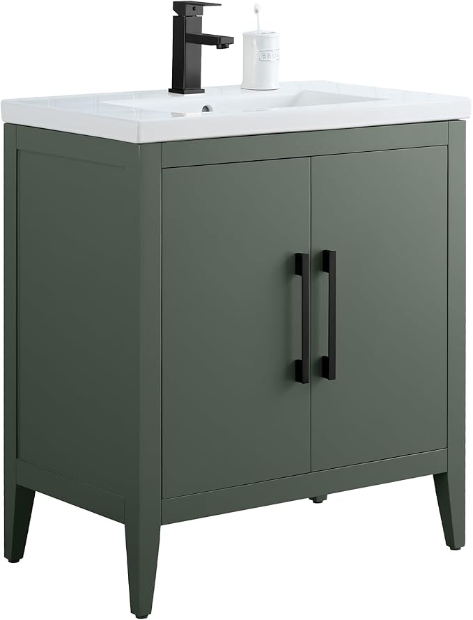 HomeBeyond 30 Inch Bathroom Vanity with Sink & Ceramic Top, Single Vanity Cabinet with Basin, Soft-Closing Doors & Matte Black Hardware, Vintage Green
