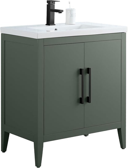 HomeBeyond 30 Inch Bathroom Vanity with Sink & Ceramic Top, Single Vanity Cabinet with Basin, Soft-Closing Doors & Matte Black Hardware, Vintage Green