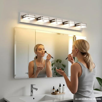 Modern Bathroom Vanity Light Fixture, 5CCT Dimmable LED Wall Sconce, 34" Brushed Nickel Over Mirror Light, 5-Light Acrylic Vanity Lights for Bathroom, Indoor Restroom Lighting