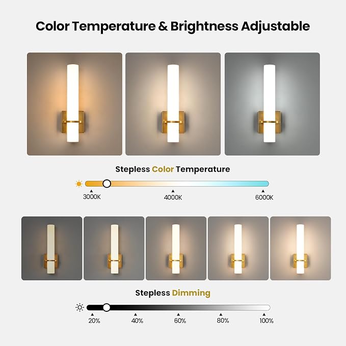 AIJIASI Battery Operated Gold Wall Sconces - 15 Inch Modern Sconce Wall Lighting 3000K-6000K Dimmable LED Wall Sconces Set of Two, Indoor Bathroom Sconce for Living Room Bedroom Hallway Stairway