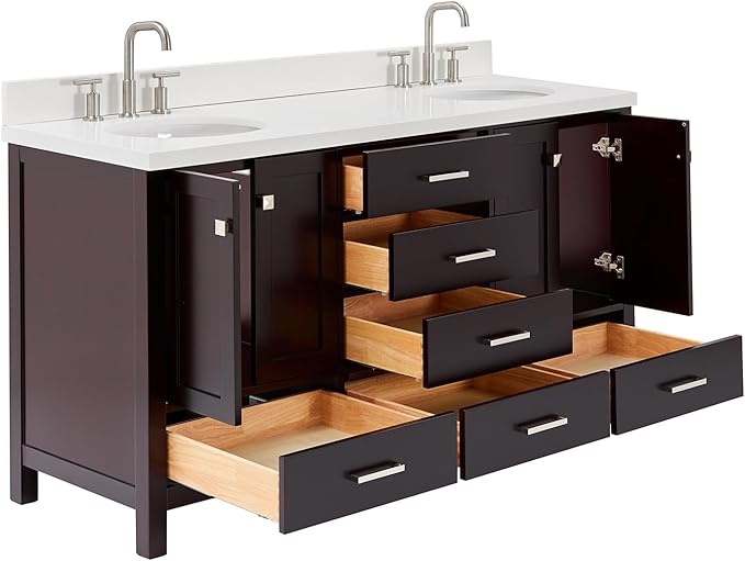 ARIEL Cambridge 66-inch Bathroom Vanity with Sink,Solid Wood, 1.5-inch Pure White Quartz Countertop & Backsplash, Double Oval Porcelain Sink, 4 Soft Closing Doors, 6 Dovetail Drawers, Espresso