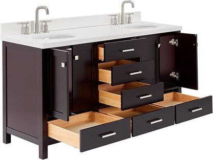 ARIEL Cambridge 66-inch Bathroom Vanity with Sink,Solid Wood, 1.5-inch Pure White Quartz Countertop & Backsplash, Double Oval Porcelain Sink, 4 Soft Closing Doors, 6 Dovetail Drawers, Espresso