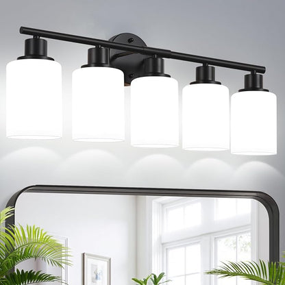 5-Light Bathroom Light Fixtures, Black Modern Vanity Lights with Milky White Frosted Glass Shades, Bathroom Wall Lamp, Clear Glass Shade, for Mirror, Living Room, Kitchen, Hallway, Cabinet, Porch