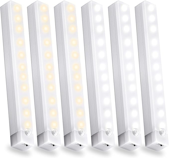 6 Pack Motion Sensor Under Cabinet Light, Magnetic Rechargeable 2 Color Under Counter Light, 8 Inch LED Closet or Stair Bedroom Cupboard
