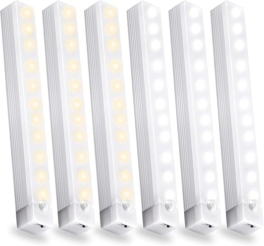 6 Pack Motion Sensor Under Cabinet Light, Magnetic Rechargeable 2 Color Under Counter Light, 8 Inch LED Closet or Stair Bedroom Cupboard