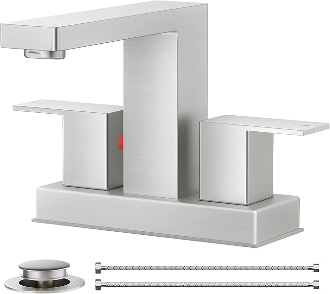 FORIOUS 4 Inch Brushed Nickel Bathroom Faucet Centerset 2 Handles, 3 or 2 Hole Centerset Bathroom Sink Faucet Brushed Nickel Square with Metal Drain, 24" CUPC Hose, and 1.2 GPM Spare Aerator