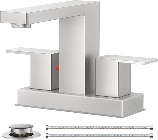 FORIOUS 4 Inch Brushed Nickel Bathroom Faucet Centerset 2 Handles, 3 or 2 Hole Centerset Bathroom Sink Faucet Brushed Nickel Square with Metal Drain, 24" CUPC Hose, and 1.2 GPM Spare Aerator