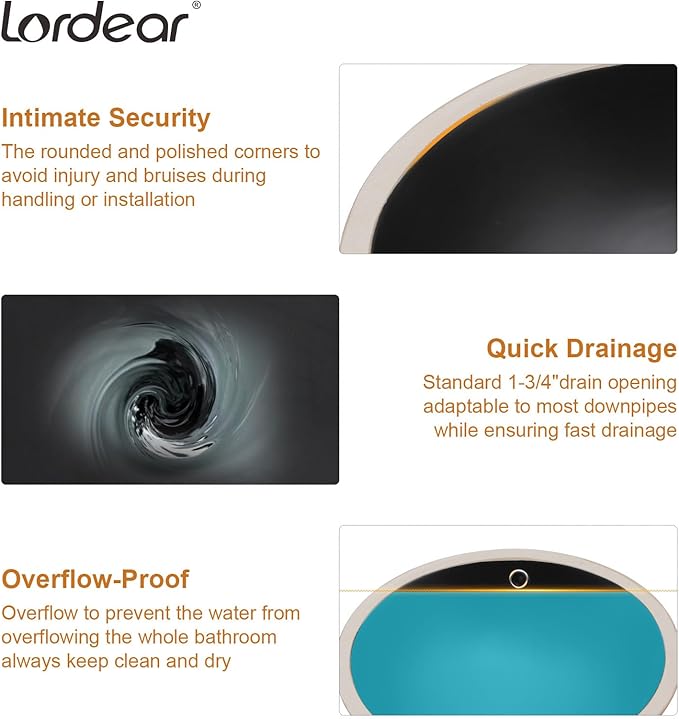 Lordear Undermount Black Bathroom Sink 18x15 Inch Bathroom Vanity Sinks Undermount Round Black Porcelain Ceramic Bathroom Under Counter Lavatory Vanity Sink Basin with Overflow