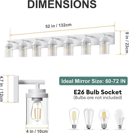 IZORRO Bathroom Vanity Light Fixture, 7-Light 52 inch White Bathroom Light Fixtures Over Mirror, with Clear Glass Shade, Modern Farmhouse Vanity Lights, Rustic Restroom Lighting Fixtures