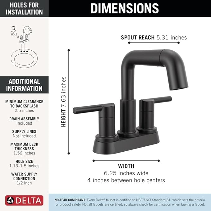 Delta Nicoli Centerset Matte Black Bathroom Faucet with Sprayer, 4 Inch 3 Hole Bathroom Sink Faucet with Pull Out Sprayer, Push-Pop Drain, Matte Black 25849LF-BLPD