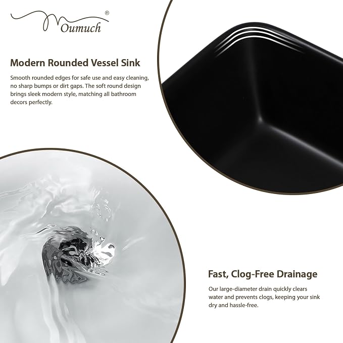 Matte Black Vessel Sink 16x12 inch Bathroom Sink | Rectangle Ceramic Porcelain Stain Resistant Vanity Basin for Bathroom & Powder Room