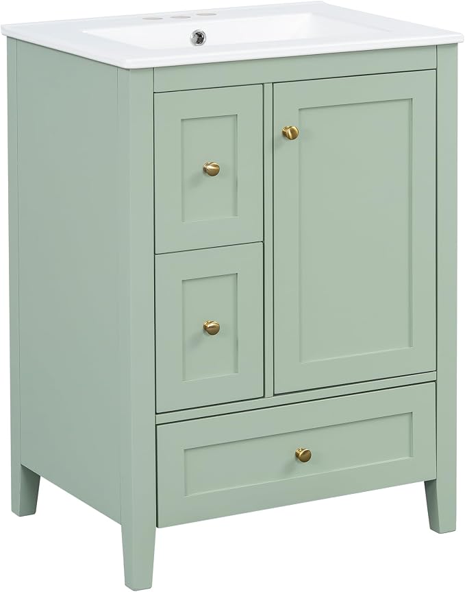 24" Bathroom Vanity with Ceramic Sink,Undermount Single Basin Bath Vanity Set w/3 Drawers and Adjustable Shelf,Modern Freestanding Storage Cabinet,MDF & Rubberwood,Green