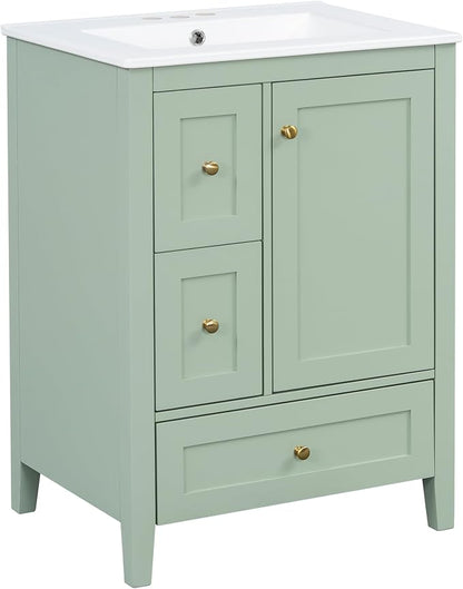 24" Bathroom Vanity with Ceramic Sink,Undermount Single Basin Bath Vanity Set w/3 Drawers and Adjustable Shelf,Modern Freestanding Storage Cabinet,MDF & Rubberwood,Green