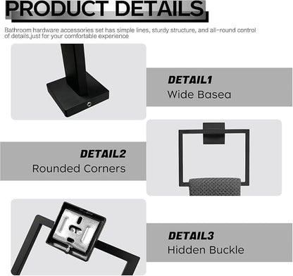 10-Piece Matte Black Bathroom Hardware Accessories Set Including 23.6 Inch Bath Towel Bar, Towel Rings, Bath Toilet Paper Holders, Robe Towel Hooks Set for Bathroom Stainless Steel Wall Mounted