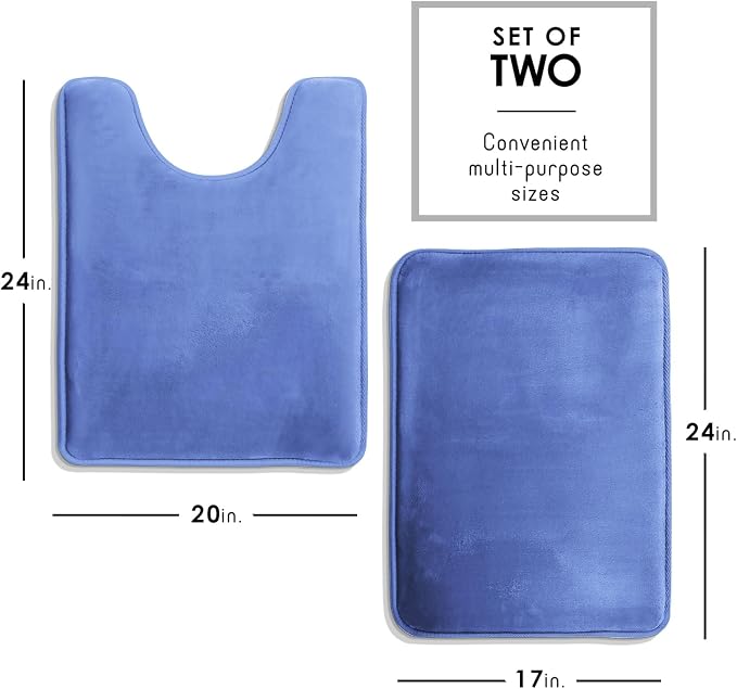 Clara Clark 2 Piece Bathroom Rugs, Velvet Memory Foam Bath Mat Set, Non-Slip Bath Rugs, Machine Wash, Dries Quickly, Ultra Soft Plush Bath Mats for Bathroom, 17 x 24 + Contour, Calm Blue