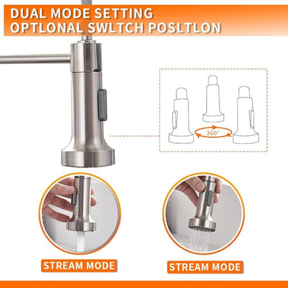 OWOFAN Kitchen Faucet Low Lead Commercial Solid Brass Single Handle Single Lever Pull Out Pull Down Sprayer Spring Kitchen Sink Faucet, Brushed Nickel Kitchen Faucets 866053SN