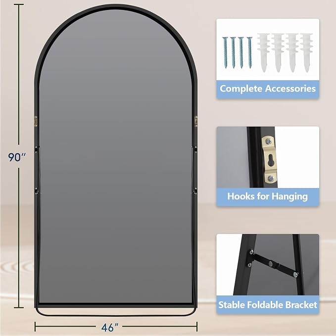 Dewfig Arched Full Length Mirror, 90"x46" Large Floor Mirror, Black | Aluminum Alloy Frame Oversized Full Body Mirror, HD Shatterproof Tempered Glass, Lean/Stand/Wall for Living Room,Bedroom