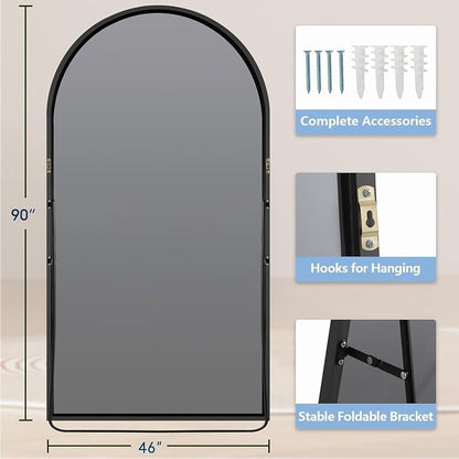 Dewfig Arched Full Length Mirror, 90"x46" Large Floor Mirror, Black | Aluminum Alloy Frame Oversized Full Body Mirror, HD Shatterproof Tempered Glass, Lean/Stand/Wall for Living Room,Bedroom