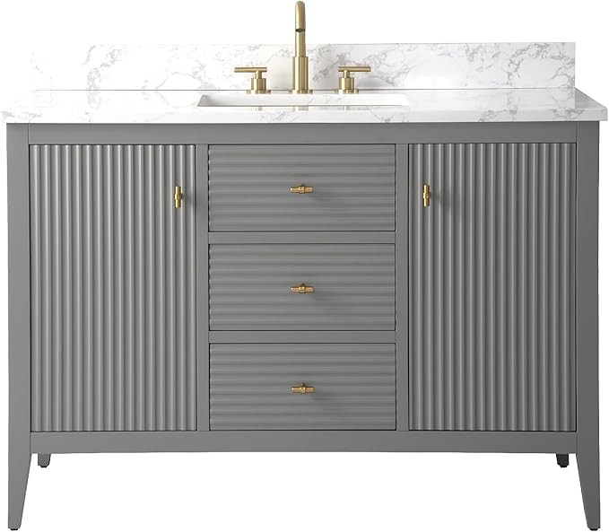 Vanity Art 48 inch Bathroom Vanity with Single Sink & Ceramic Top, Vanity Cabinet with Soft-Closing Door, Solid Wood Frame, Linear Pattern, Cashmere Gray, Golden Brushed Handware VA9148-G-GB