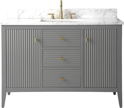 Vanity Art 48 inch Bathroom Vanity with Single Sink & Ceramic Top, Vanity Cabinet with Soft-Closing Door, Solid Wood Frame, Linear Pattern, Cashmere Gray, Golden Brushed Handware VA9148-G-GB