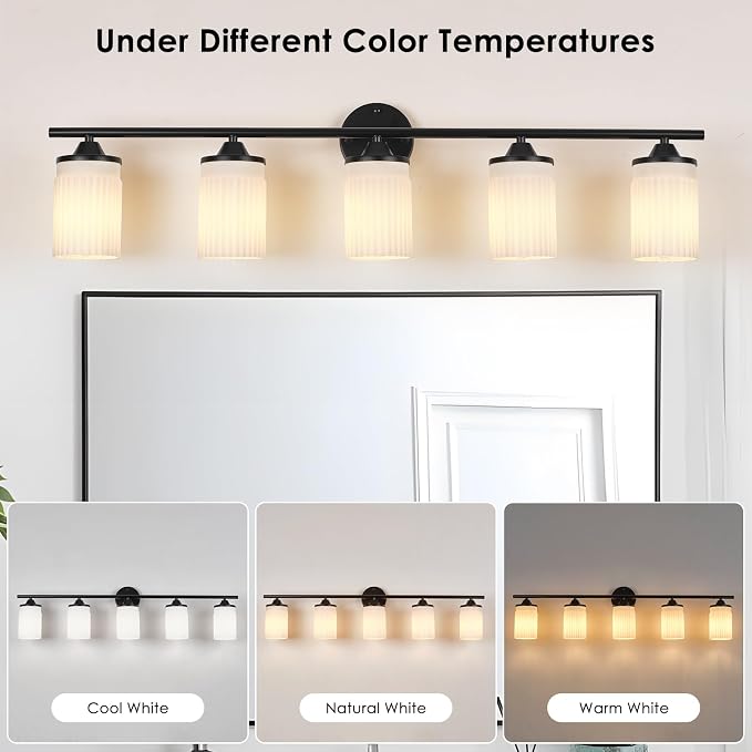 Jonsi Black Bathroom Light Fixtures 5-Light Vanity Lights Modern Wall Sconce with Milk White Shade Brushed Brass Bathroom Light Fixture Over Mirror for Bedroom Hallway Kitchen