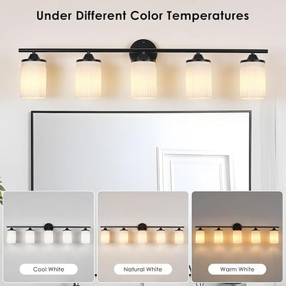 Jonsi Black Bathroom Light Fixtures 5-Light Vanity Lights Modern Wall Sconce with Milk White Shade Brushed Brass Bathroom Light Fixture Over Mirror for Bedroom Hallway Kitchen