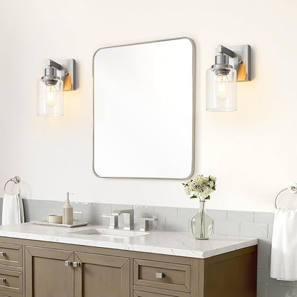 Bathroom Wall Sconces Set of 2,Brushed Nickel Wall Sconce,Vanity Light with Clear Glass Wall Mounted Light Fixture,Farmhouse Wall Lamp for Bedroom Living Room Mirror Hallway