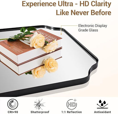 30x48 Inch Large Mirror, Matte Black Rectangle Mirror for Wall, Bathroom Mirror in Premium Stainless Steel Metal Thin Frame Deep 1’’, Unique Scalloped Edge, Hangs Vertically/Horizontally