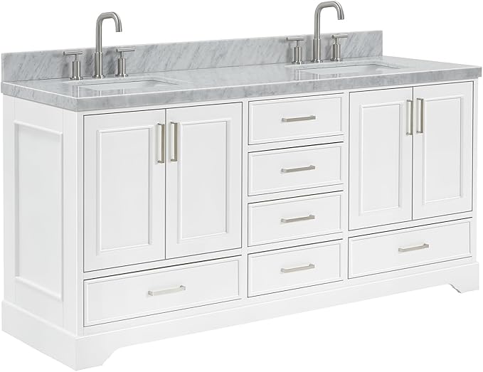 ARIEL Stafford 72-inch Bathroom Vanity with Sink,Solid Wood, 1.5-inch Italian Carrara Marble Countertop, Double Rectangular Porcelain Sink, 4 Soft Closing Doors, 6 Dovetail Drawers, White
