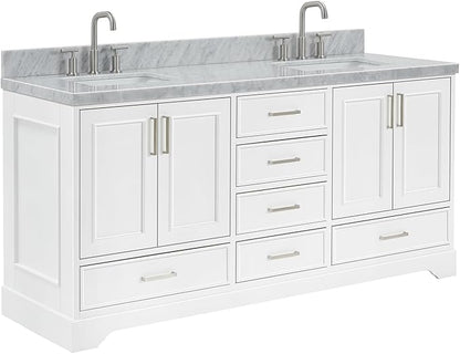 ARIEL Stafford 72-inch Bathroom Vanity with Sink,Solid Wood, 1.5-inch Italian Carrara Marble Countertop, Double Rectangular Porcelain Sink, 4 Soft Closing Doors, 6 Dovetail Drawers, White