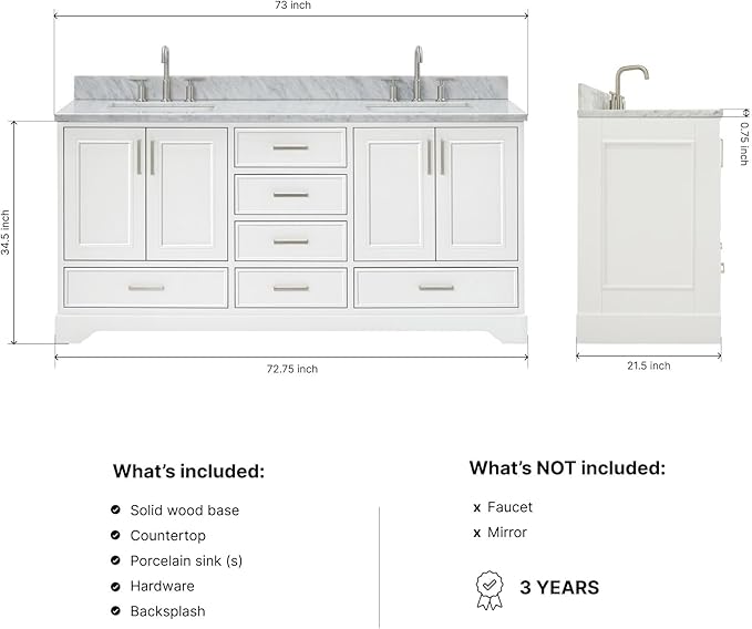 ARIEL Stafford 72-inch Bathroom Vanity with Sink,Solid Wood, 0.75-inch Italian Carrara Marble Countertop, Double Rectangular Porcelain Sink, 4 Soft Closing Doors, 6 Dovetail Drawers, White