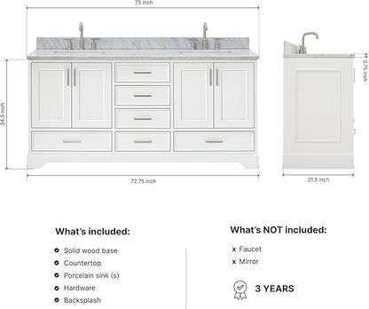 ARIEL Stafford 72-inch Bathroom Vanity with Sink,Solid Wood, 0.75-inch Italian Carrara Marble Countertop, Double Rectangular Porcelain Sink, 4 Soft Closing Doors, 6 Dovetail Drawers, White