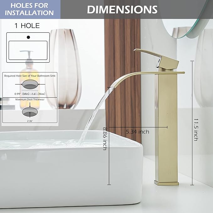 BWE Vessel Sink Faucet Brushed Gold Faucet for Bathroom Sink Tall Waterfall Bathroom Faucet Single Handle One Hole Vanity Sink Faucet with Pop-up Drain