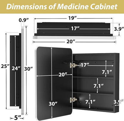 APRILSOUL 20x30 Inch Lighted Bathroom Medicine Cabinet with Mirror, Silver Recessed or Surface Mount Medicine Cabinet Mirror with Storage and LED Lights, 3 Colors Temperature, Dimmable Light