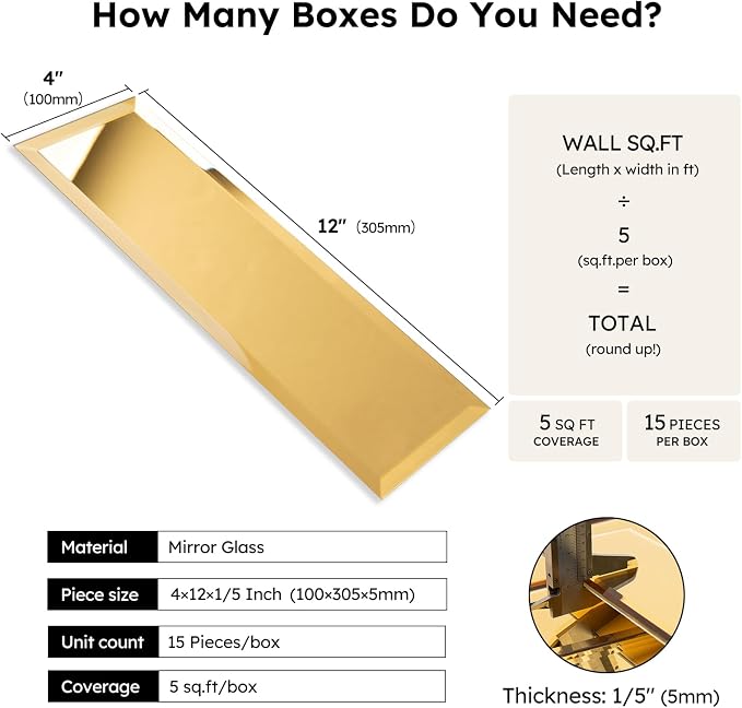 Peel and Stick Mirror Backsplash, Gold, 4x12 Inch, Beveled Mirror Subway Kitchen Bar Wall Tile (5 Sq.ft, 15 Pcs)