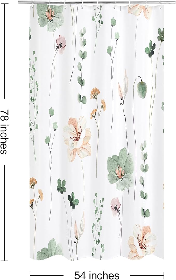Sage Green Beige Watercolor Floral Fabric Shower Curtain, 54x78 | Waterproof Fabric, Modern Minimalist Floral Print, Machine Washable, Rustproof Grommets, for Bathroom Home, Stall