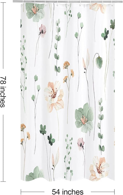 Sage Green Beige Watercolor Floral Fabric Shower Curtain, 54x78 | Waterproof Fabric, Modern Minimalist Floral Print, Machine Washable, Rustproof Grommets, for Bathroom Home, Stall
