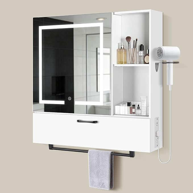 LED Lighting with Socket and USB Bathroom Medicine Mirror Cabinet,Color Changing Anti Fog Light Strip,Equipped with Hair Dryer Rack and Towel Rack,Embedded or Wall Mounted,White