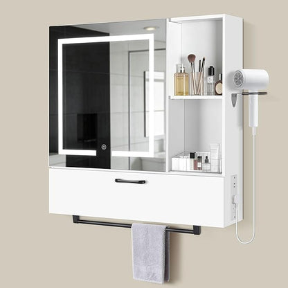 LED Lighting with Socket and USB Bathroom Medicine Mirror Cabinet,Color Changing Anti Fog Light Strip,Equipped with Hair Dryer Rack and Towel Rack,Embedded or Wall Mounted,White