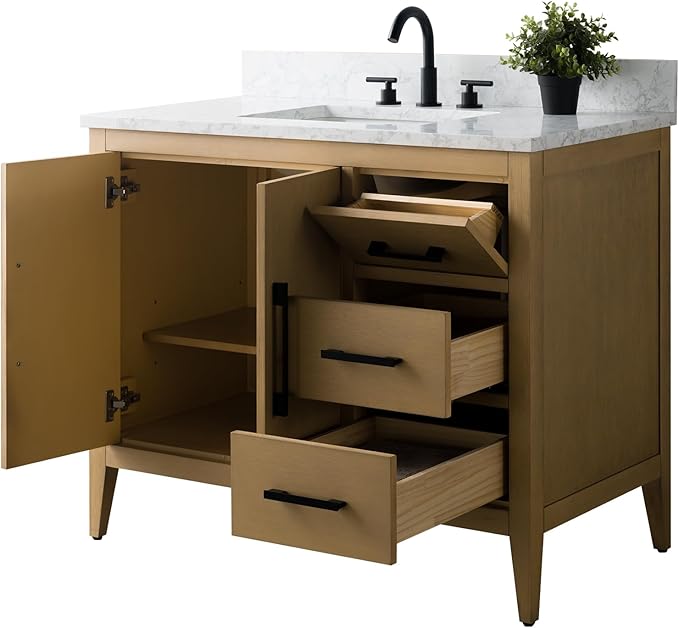 HomeBeyond 42 Inch Bathroom Vanity with Sink & Ceramic Top, Single Vanity Cabinet with Basin, Soft-Closing Doors & Matte Black Hardware, Natural Oak